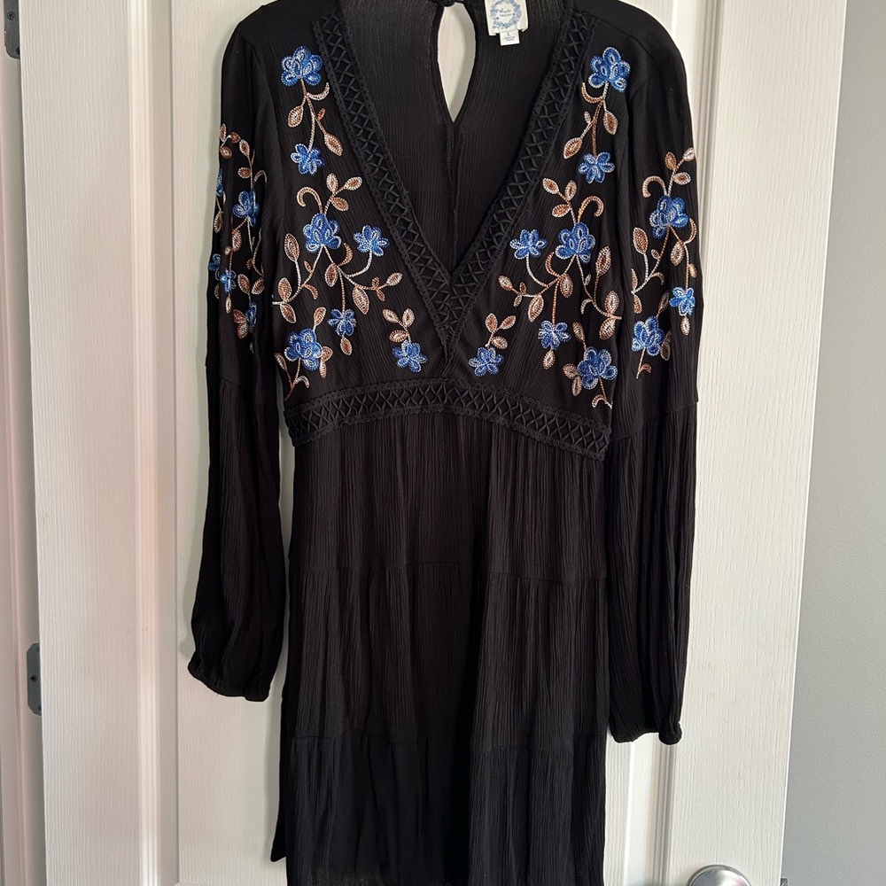 Blue Rain Black Dress with Blue and Brown Embroidery